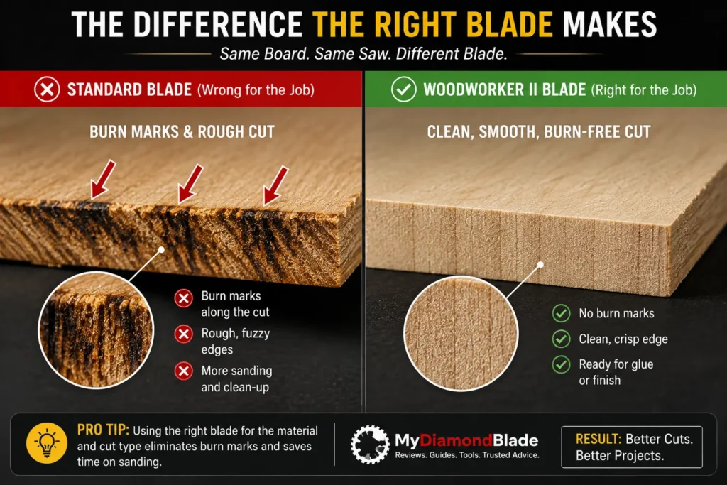 Burned vs. clean wood cut with the right saw blade