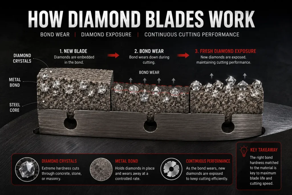 How Diamond Blades Work – Bond Wear and Diamond Exposure