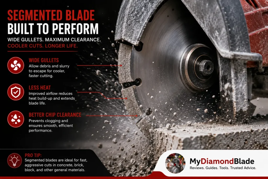 segmented blade mid cut with visible gullets ejecting