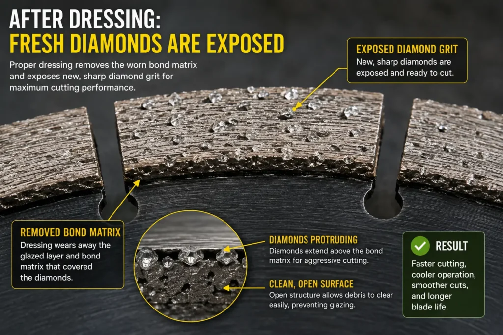How to Restore a Glazed Diamond Blade: Dressing Methods That Work 34 Fresh Diamonds Exposed After Dressing