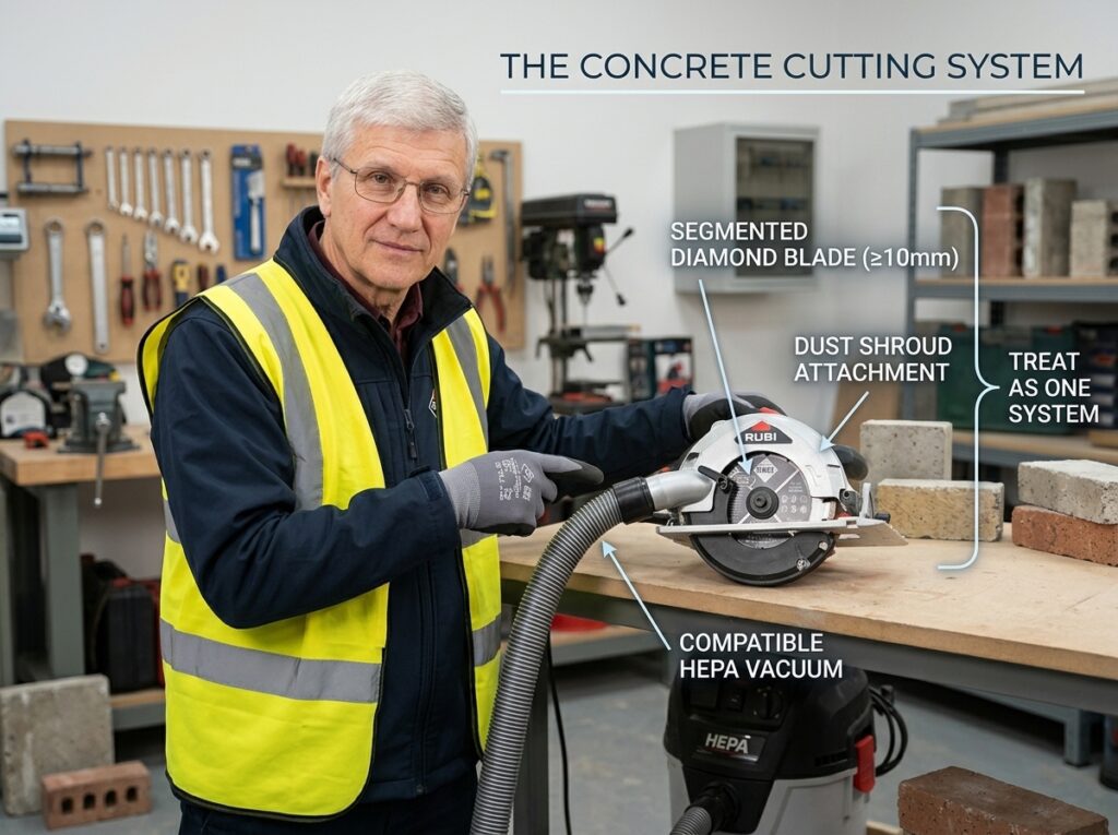 Diamond Blades Selection: Match the Rim, Bond and Cooling to the Material 13 Concrete saw with segmented diamond blade, dust shroud and HEPA vacuum
