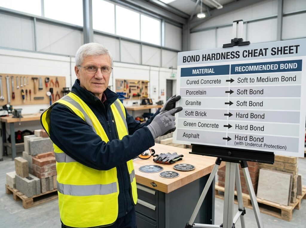 Diamond Blades Selection: Match the Rim, Bond and Cooling to the Material 11 Recommended diamond blade bond hardness for concrete, porcelain, granite, brick and asphalt