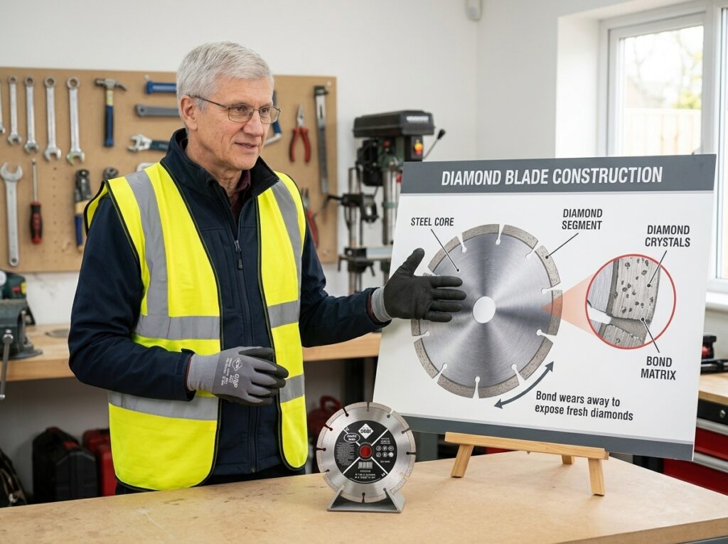 Diamond Blades Selection: Match the Rim, Bond and Cooling to the Material 9 Diamond blade showing steel core, segment, diamond crystals and bond matrix