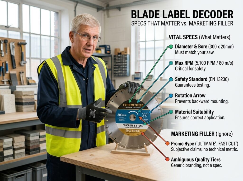 Diamond Blades Selection: Match the Rim, Bond and Cooling to the Material 15 Diamond blade label showing size, RPM, blade type and safety specifications