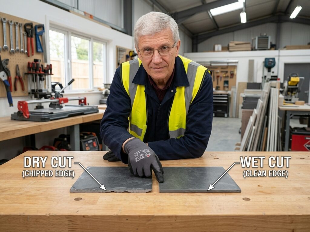 Diamond Blades Selection: Match the Rim, Bond and Cooling to the Material 12 Comparison of chipped dry-cut tile edge and smooth wet-cut edge