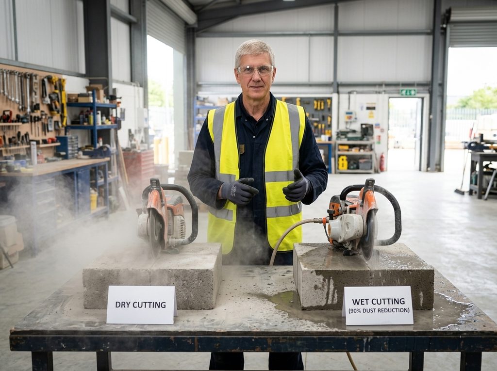 dry cutting with a visible dust cloud versus wet cutting